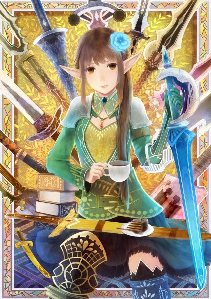 Anime picture 1700x2400 with original bounin single long hair tall image highres black hair brown eyes absurdres hair flower pointy ears girl hair ornament weapon sword sweets book (books) cup cake fork