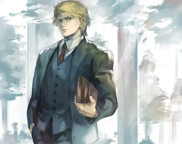 Anime picture 800x632 with jojo no kimyou na bouken dio brando oburaato single looking at viewer short hair blue eyes blonde hair from below hand in pocket boy plant (plants) tree (trees) necktie book (books) vest
