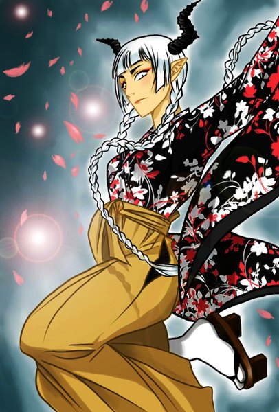 Anime picture 818x1208 with original yumichika kuroda single long hair tall image twintails white hair braid (braids) traditional clothes japanese clothes horn (horns) pointy ears twin braids floral print demon girl jumping girl weapon petals hakama