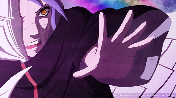 Anime picture 1600x897 with naruto studio pierrot naruto (series) konan sebaemanuel single short hair open mouth wide image brown eyes purple hair piercing coloring rain akatsuki girl cloak rainbow