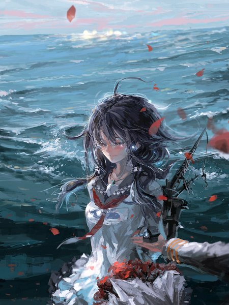 Anime picture 900x1200 with kantai collection taigei light aircraft carrier stu dts long hair tall image blush twintails ahoge eyes closed low twintails proposal girl petals water sea apron ring sailor suit