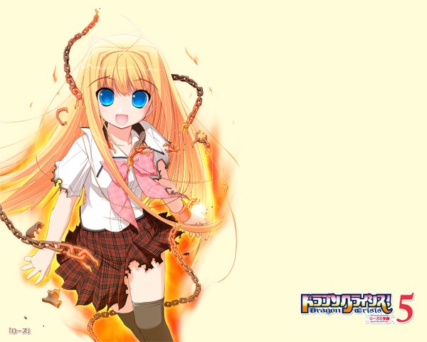 Anime picture 1280x1024 with dragon crisis! rose (dragon crisis) akata itsuki single long hair looking at viewer open mouth blue eyes blonde hair simple background loli yellow background girl thighhighs uniform black thighhighs school uniform chain flame