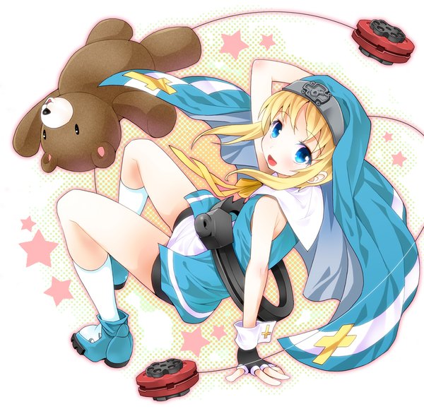 Anime picture 1035x1000 with guilty gear bridget (guilty gear) roger ratryu single long hair looking at viewer blush open mouth blue eyes blonde hair hand on head otoko no ko boy gloves socks fingerless gloves white socks toy stuffed animal