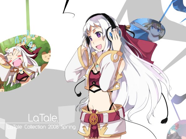 Anime picture 1200x900 with latale iris (latale) kgr long hair purple eyes white hair midriff shorts headphones selki