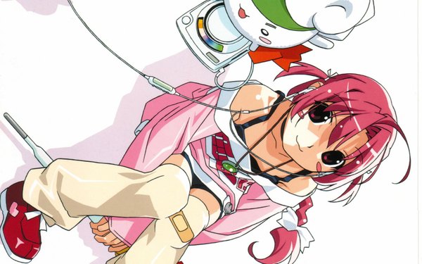 Anime picture 1920x1201 with nurse witch komugi-chan tatsunoko nakahara komugi mugimaru single long hair highres wide image white background pink hair girl headphones staff bandaid