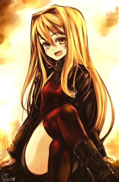 Anime picture 1800x2755 with original kotoba noriaki single long hair tall image highres open mouth blonde hair signed yellow eyes crossed legs girl thighhighs black thighhighs boots sweater