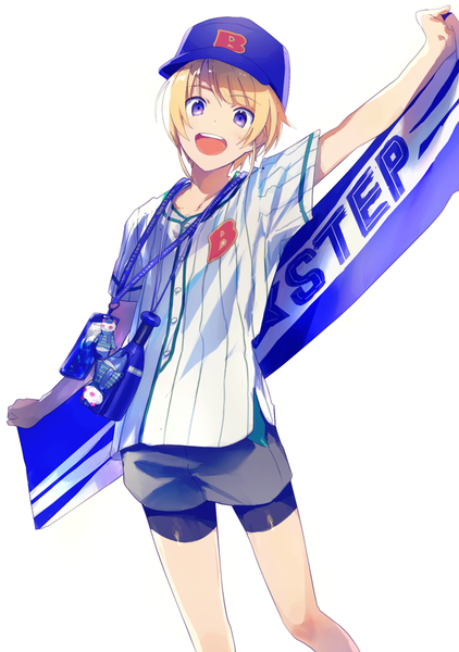 Anime picture 640x909 with idolmaster idolmaster side-m pierre (idolmaster) map (map imas) single tall image looking at viewer short hair open mouth blonde hair simple background standing white background purple eyes :d happy spread arms androgynous boy uniform