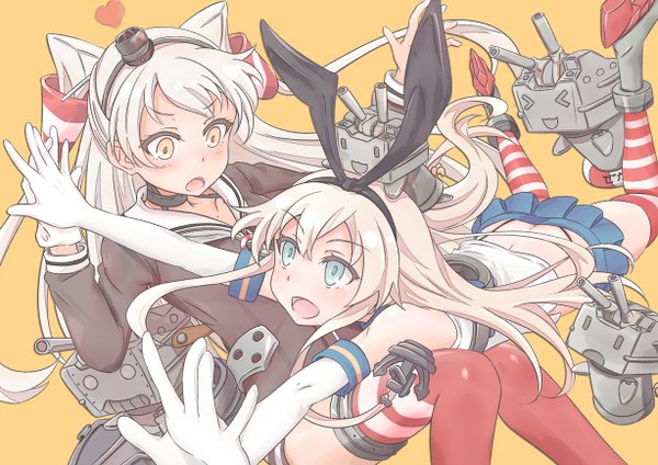 Anime picture 1228x868 with kantai collection shimakaze destroyer rensouhou-chan amatsukaze destroyer rensouhou-kun raguro long hair blush open mouth blue eyes light erotic simple background blonde hair smile multiple girls yellow eyes white hair two side up holding hands girl