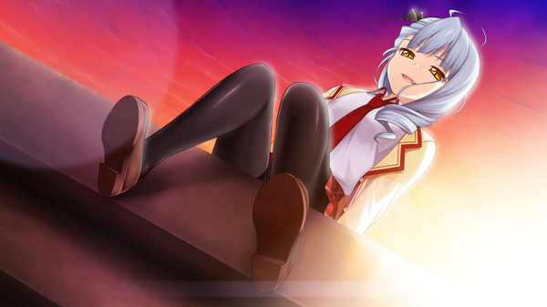 Anime picture 1920x1080 with love of renai koutei of love! hikari gi inaho oozora itsuki single long hair looking at viewer blush highres smile wide image sitting yellow eyes game cg sky grey hair cat girl evening sunset girl skirt