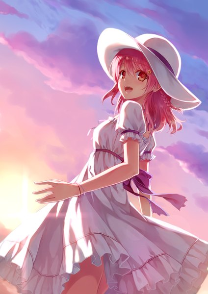 Anime picture 1000x1414 with hiten (hitenkei) single long hair tall image looking at viewer blush open mouth pink hair sky braid (braids) pink eyes turning head girl dress hair ornament hat bracelet white dress
