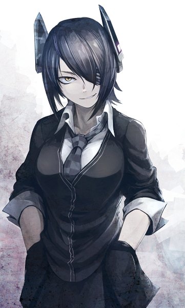 Anime picture 744x1236 with kantai collection tenryuu light cruiser hetza (hellshock) single tall image looking at viewer fringe short hair black hair smile yellow eyes hair over one eye hands in pockets smirk girl shirt necktie sweater eyepatch