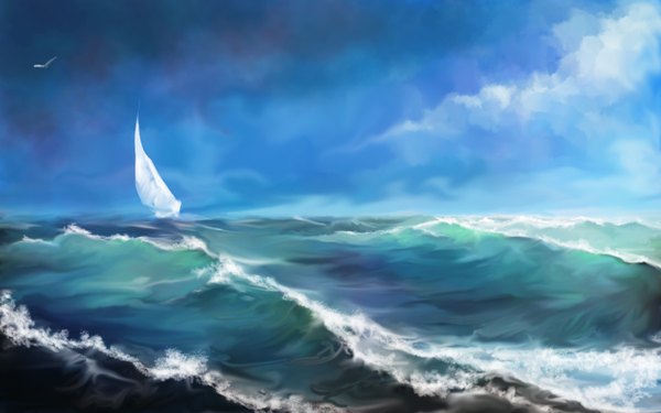 Anime picture 1440x900 with va-sily wide image sky cloud (clouds) no people landscape animal water sea bird (birds) watercraft wave (waves) ship
