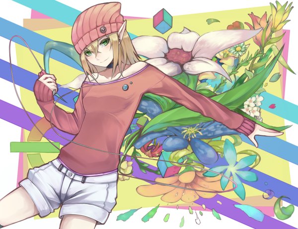 Anime picture 1785x1374 with original ipod horosuke single blush highres short hair blonde hair bare shoulders green eyes light smile pointy ears elf girl flower (flowers) shorts leaf (leaves) cap wire (wires) badge