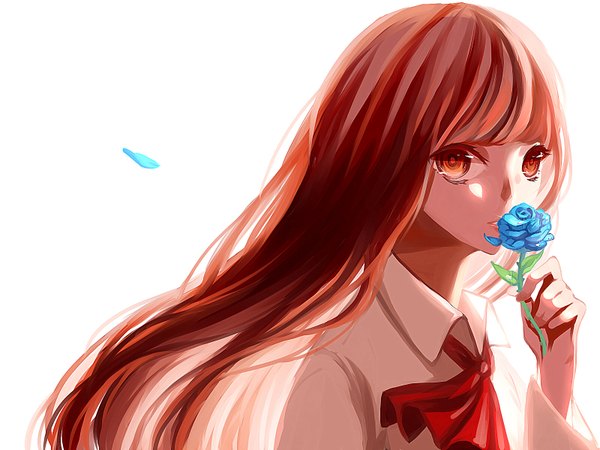 Anime picture 1600x1200 with ib (game) ib (ib) youli (yori) single long hair looking at viewer fringe simple background red eyes white background red hair blunt bangs wind wallpaper girl flower (flowers) petals rose (roses) neckerchief blue rose
