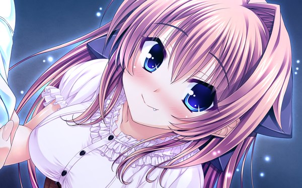 Anime picture 1054x659 with scramble lovers izumo sakurako inuzumi masaki long hair looking at viewer blush breasts blue eyes smile brown hair large breasts game cg night teeth looking up sharp teeth girl dress boy ribbon (ribbons)