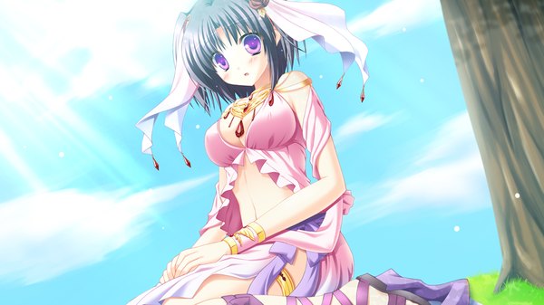 Anime picture 1024x576 with fortuna rhapsody blush short hair black hair wide image purple eyes game cg girl navel jewelry necklace