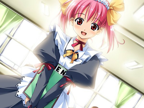 Anime picture 1024x768 with anonono tooyama kokoro open mouth red eyes twintails pink hair game cg maid girl