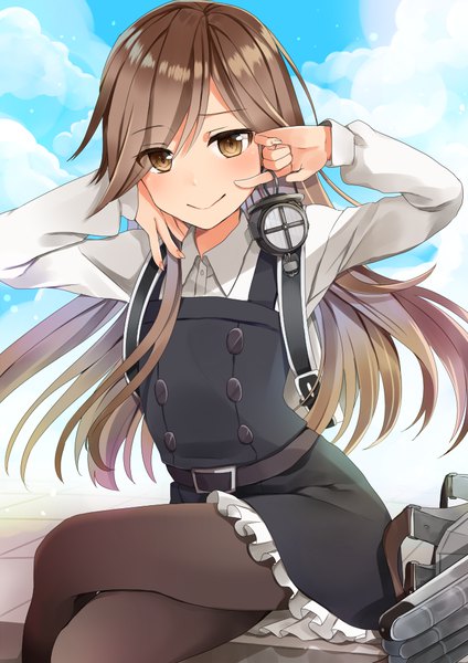 Anime picture 707x1000 with kantai collection arashio destroyer yuna (yukiyuna) single long hair tall image blush smile brown hair sitting brown eyes sky cloud (clouds) fingernails crossed legs floating hair adjusting hair finger to mouth girl uniform