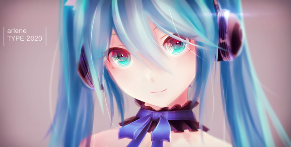 Anime picture 3120x1580 with vocaloid hatsune miku arlene tea single long hair looking at viewer blush fringe highres smile wide image twintails aqua eyes aqua hair gradient background close-up girl ribbon (ribbons) headphones