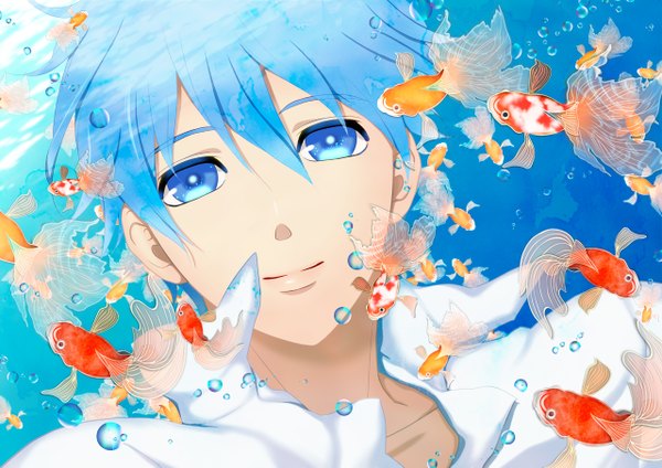 Anime picture 1280x905 with kuroko no basket production i.g kuroko tetsuya galaxy blue single looking at viewer short hair blue eyes smile blue hair underwater boy animal shirt bubble (bubbles) fish (fishes)