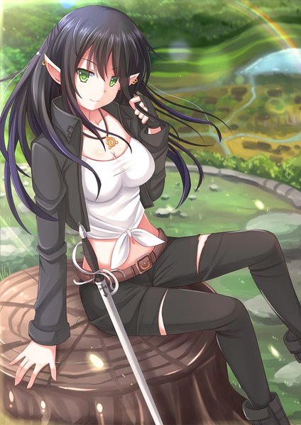 Anime picture 900x1273 with original kazenokaze single long hair tall image looking at viewer black hair sitting green eyes pointy ears girl gloves weapon belt fingerless gloves rainbow epee