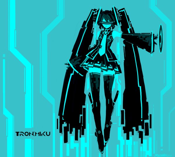 Anime picture 1670x1500 with tron:legacy vocaloid hatsune miku kazeco (pixiv) single smile twintails very long hair parody girl skirt detached sleeves necktie thigh boots