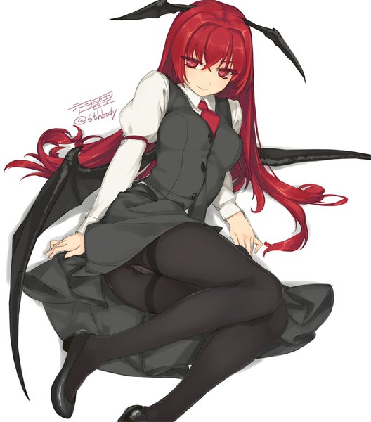 Anime picture 800x909 with touhou koakuma rokuwata tomoe single long hair tall image looking at viewer fringe light erotic simple background smile red eyes white background signed red hair reclining demon wings head wings girl skirt