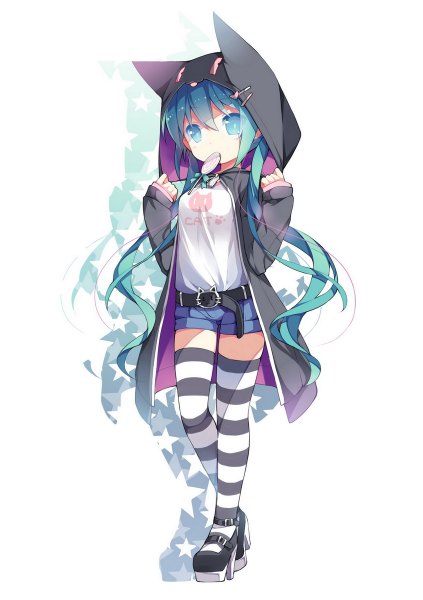 Anime picture 846x1200 with vocaloid hatsune miku saru (longbb) single long hair tall image looking at viewer simple background white background twintails holding aqua eyes aqua hair shadow high heels mouth hold girl thighhighs food shoes