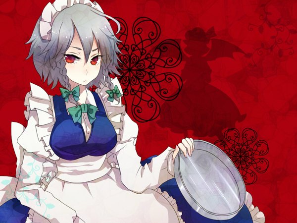 Anime picture 1024x768 with touhou remilia scarlet izayoi sakuya gushiko single short hair red eyes silver hair braid (braids) maid silhouette girl hairband tray