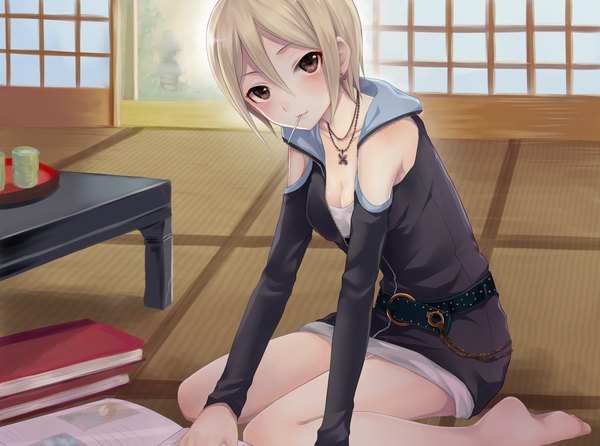 Anime picture 1345x1000 with idolmaster idolmaster cinderella girls shiomi shuuko hinaame single looking at viewer blush short hair blonde hair brown eyes girl detached sleeves belt pendant