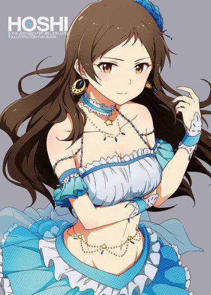 Anime picture 2591x3624 with idolmaster idolmaster million live! kitazawa shiho ayano yuu (sonma 1426) single long hair tall image blush highres breasts simple background brown hair standing bare shoulders brown eyes looking away cleavage hair flower grey background bare belly
