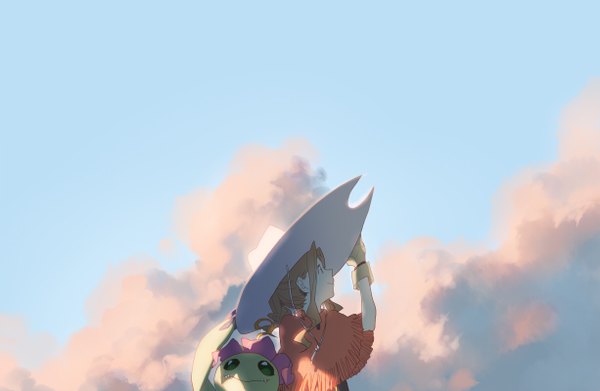 Anime picture 1226x800 with digimon digimon adventure tachikawa mimi palmon rella single long hair smile red eyes brown hair looking away sky cloud (clouds) profile landscape girl hat animal poncho