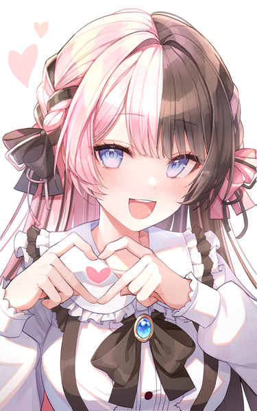 Anime picture 2500x4000 with virtual youtuber vspo! iris black games tachibana hinano (vtuber) misyune single long hair tall image highres open mouth blue eyes black hair simple background white background pink hair upper body braid (braids) :d multicolored hair two-tone hair