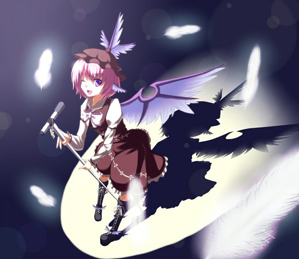 Anime picture 1153x1000 with touhou mystia lorelei ryosios single short hair purple eyes pink hair one eye closed wink girl wings boots feather (feathers) microphone