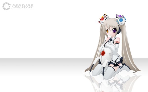 Anime picture 1440x900 with portal glados wide image bare shoulders white hair very long hair zettai ryouiki heterochromia kneeling thighhighs skirt detached sleeves white thighhighs