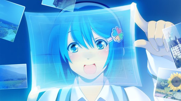 Anime picture 2134x1200 with os-tan windows (operating system) windows 7 madobe nanami 7-tan single looking at viewer highres short hair open mouth blue eyes wide image blue hair :d blue background girl window