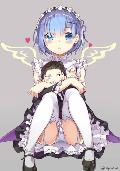 Anime picture 700x1000 with re:zero kara hajimeru isekai seikatsu white fox rem (re:zero) natsuki subaru myuton single tall image looking at viewer blush short hair open mouth blue eyes light erotic simple background sitting signed blue hair full body grey background maid