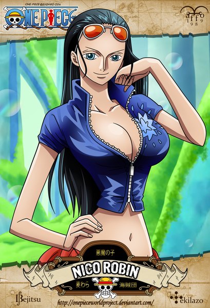 Anime picture 1537x2252 with one piece toei animation one piece world project nico robin bejitsu tekilazo300 single long hair tall image looking at viewer breasts blue eyes light erotic black hair large breasts cleavage light smile inscription character names hand on hip