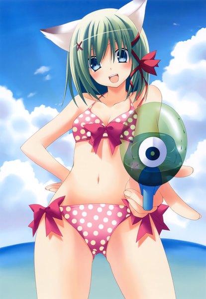 Anime picture 3040x4401 with greenwood midori (greenwood) zinno single tall image blush highres short hair open mouth blue eyes animal ears absurdres green hair tress ribbon girl hair ornament bow ribbon (ribbons) swimsuit hair ribbon