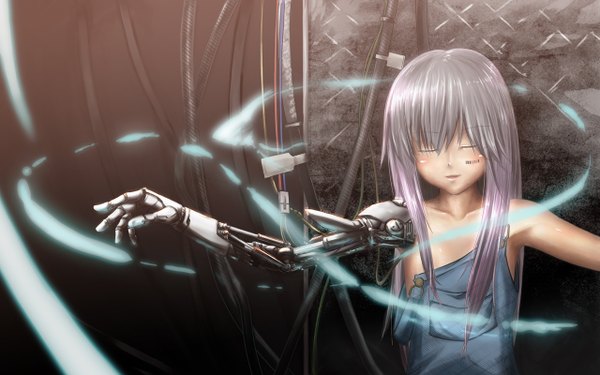 Anime picture 1280x800 with original chakabo (artist) blush fringe wide image bare shoulders white hair eyes closed mechanical parts girl wire (wires) barcode