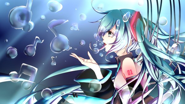 Anime picture 1920x1080 with vocaloid hatsune miku noda maika (artist) single long hair highres open mouth blue eyes wide image twintails bare shoulders profile aqua hair tattoo underwater girl detached sleeves bubble (bubbles) musical note cable
