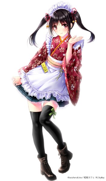Anime picture 587x1000 with original kazuharu kina single long hair tall image blush black hair simple background smile red eyes white background twintails traditional clothes japanese clothes wa maid girl thighhighs black thighhighs headdress maid headdress
