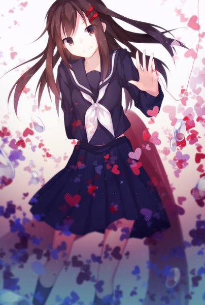 Anime picture 1010x1500 with kagerou project shaft (studio) tateyama ayano chocoan single long hair tall image looking at viewer blush fringe smile brown hair standing brown eyes pleated skirt girl skirt uniform hair ornament school uniform