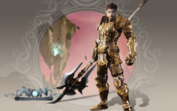 Anime picture 1920x1200 with aion single highres brown hair wide image standing wallpaper warrior boy weapon armor polearm