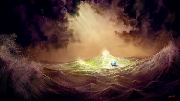 Anime picture 2500x1406 with one piece toei animation laboon elsevilla highres wide image cloud (clouds) sunlight tears landscape storm water sea wave (waves) whale