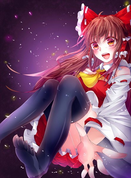 Anime picture 1000x1354 with touhou hakurei reimu rukito single long hair tall image blush open mouth brown hair orange eyes no shoes legs girl thighhighs bow black thighhighs hair bow detached sleeves