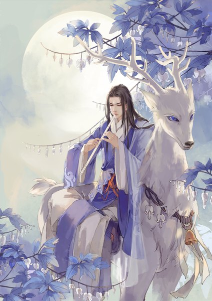 Anime picture 1000x1415 with original mag moe long hair tall image brown hair sitting purple eyes bent knee (knees) traditional clothes night bell collar playing instrument boy plant (plants) animal moon bell full moon branch musical instrument