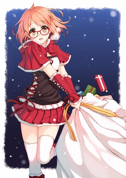 Anime picture 1000x1413 with kyoukai no kanata kyoto animation kuriyama mirai terras single tall image looking at viewer blush short hair brown eyes orange hair border snowing christmas exhalation carrying girl thighhighs skirt gloves