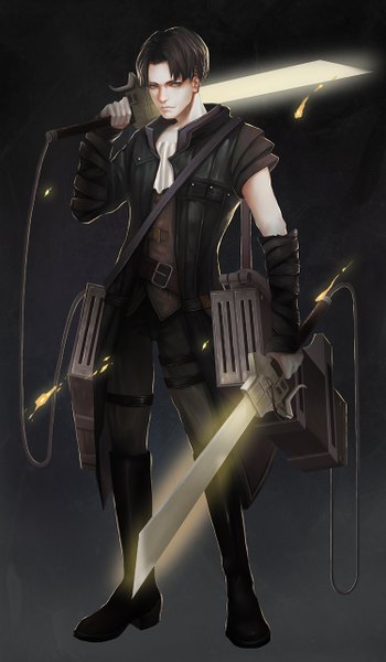 Anime picture 750x1286 with shingeki no kyojin production i.g levi (rivaille) ryu (pixiv 6630104) single tall image looking at viewer short hair black hair simple background holding grey background grey eyes alternate costume dual wielding weapon over shoulder boy weapon sword cloak