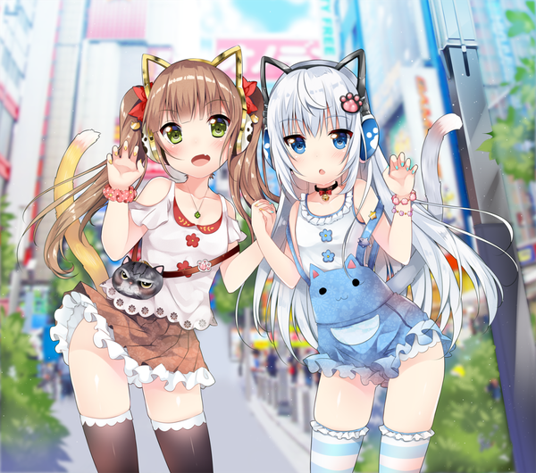 Anime picture 1280x1132 with original usagihime long hair looking at viewer blush blue eyes light erotic brown hair standing twintails bare shoulders multiple girls green eyes animal ears silver hair outdoors nail polish blurry :o fang (fangs)